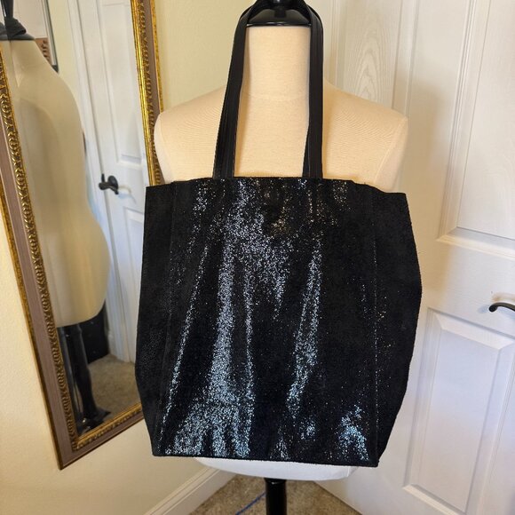 Sorial Genuine Leather Black Tote Bag – Shimmer Embossed Finish - Picture 1 of 6